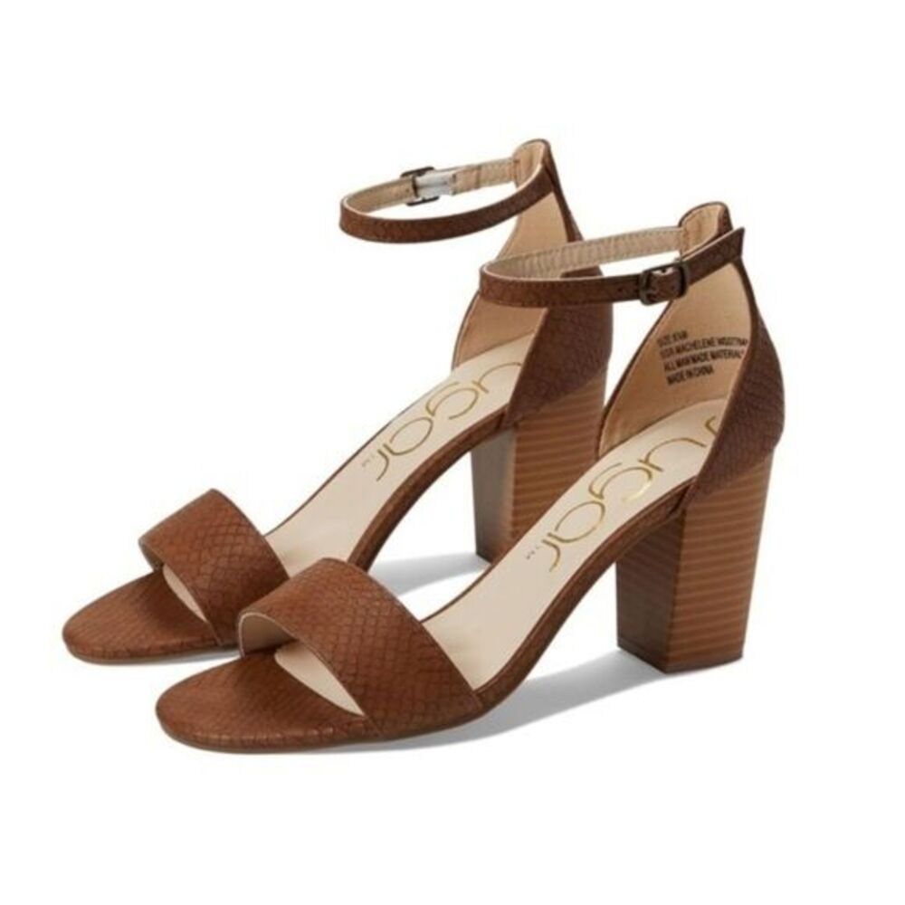 Sugar Brown Textured Block Heel Ankle Strap Sandals